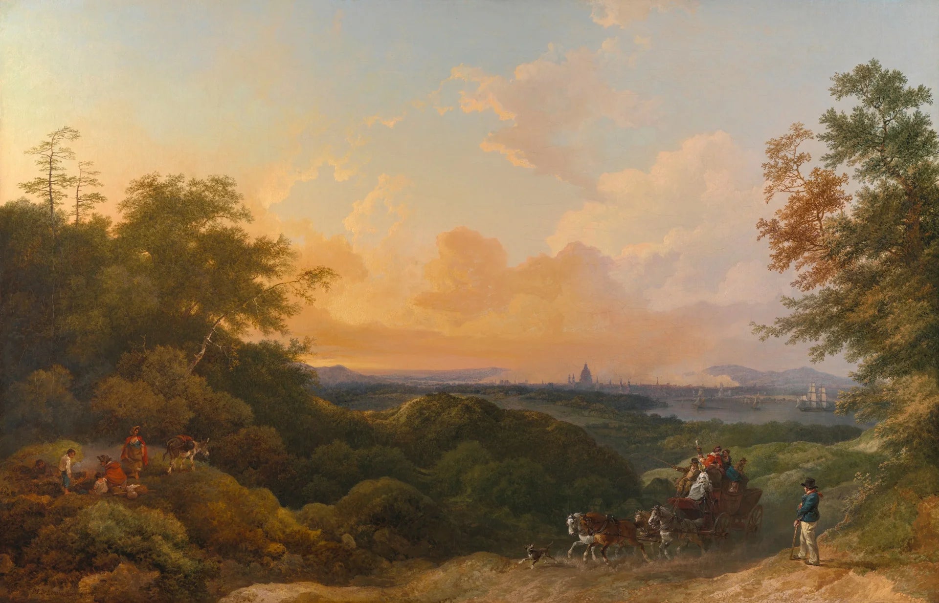 Classical Grand Valley Vista wallpaper featuring romantic landscape with golden sunset and travelers on hillside path