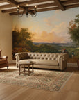 Grand Valley Vista mural wallpaper featuring pastoral landscape with sunset sky in living room setting