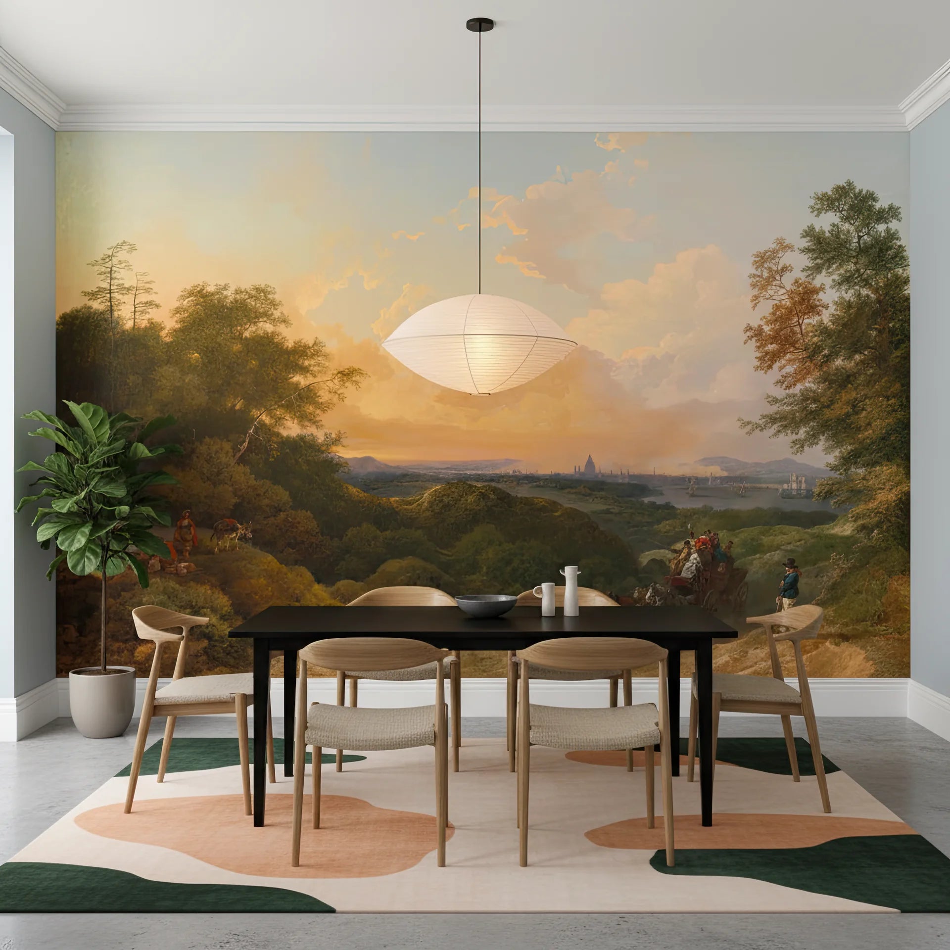 Romantic landscape Grand Valley Vista wallpaper showing golden sunset over hills with classical figures in dining room
