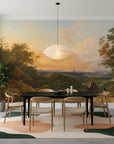 Romantic landscape Grand Valley Vista wallpaper showing golden sunset over hills with classical figures in dining room