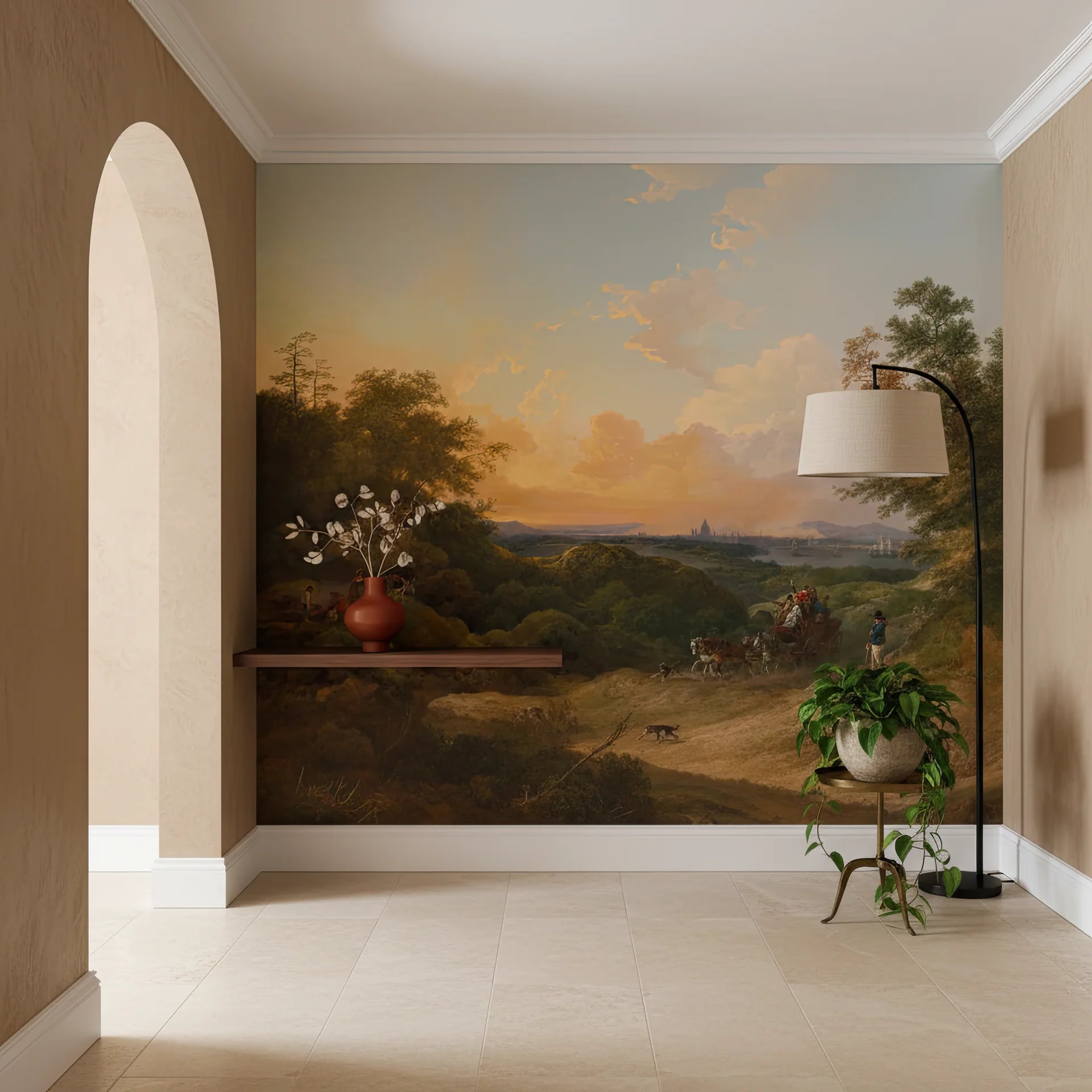 Grand Valley Vista mural wallpaper showing classical landscape with sunset sky in elegant entryway