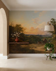 Grand Valley Vista mural wallpaper showing classical landscape with sunset sky in elegant entryway