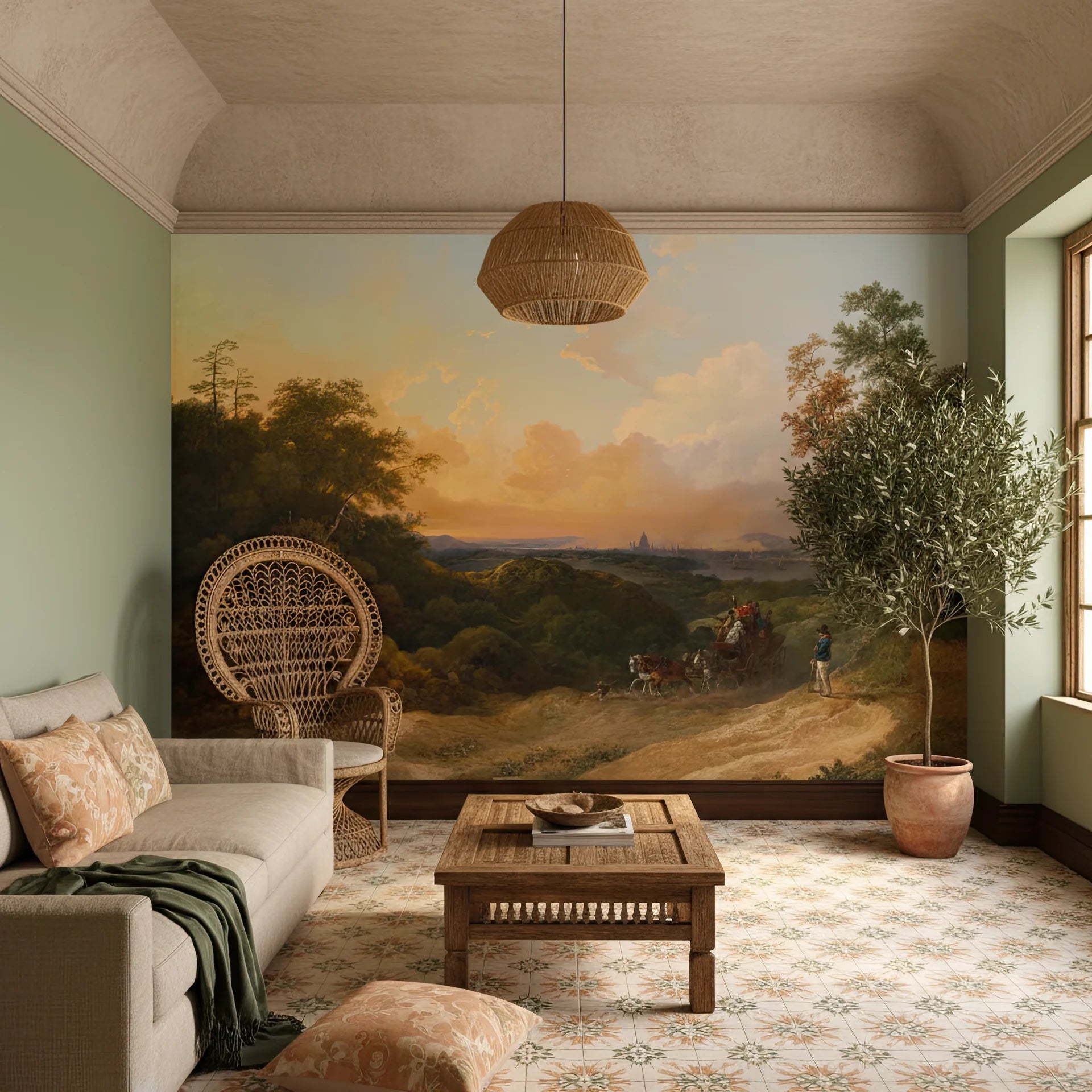 Golden hour landscape mural Grand Valley Vista wallpaper in living room with peacock chair and natural light