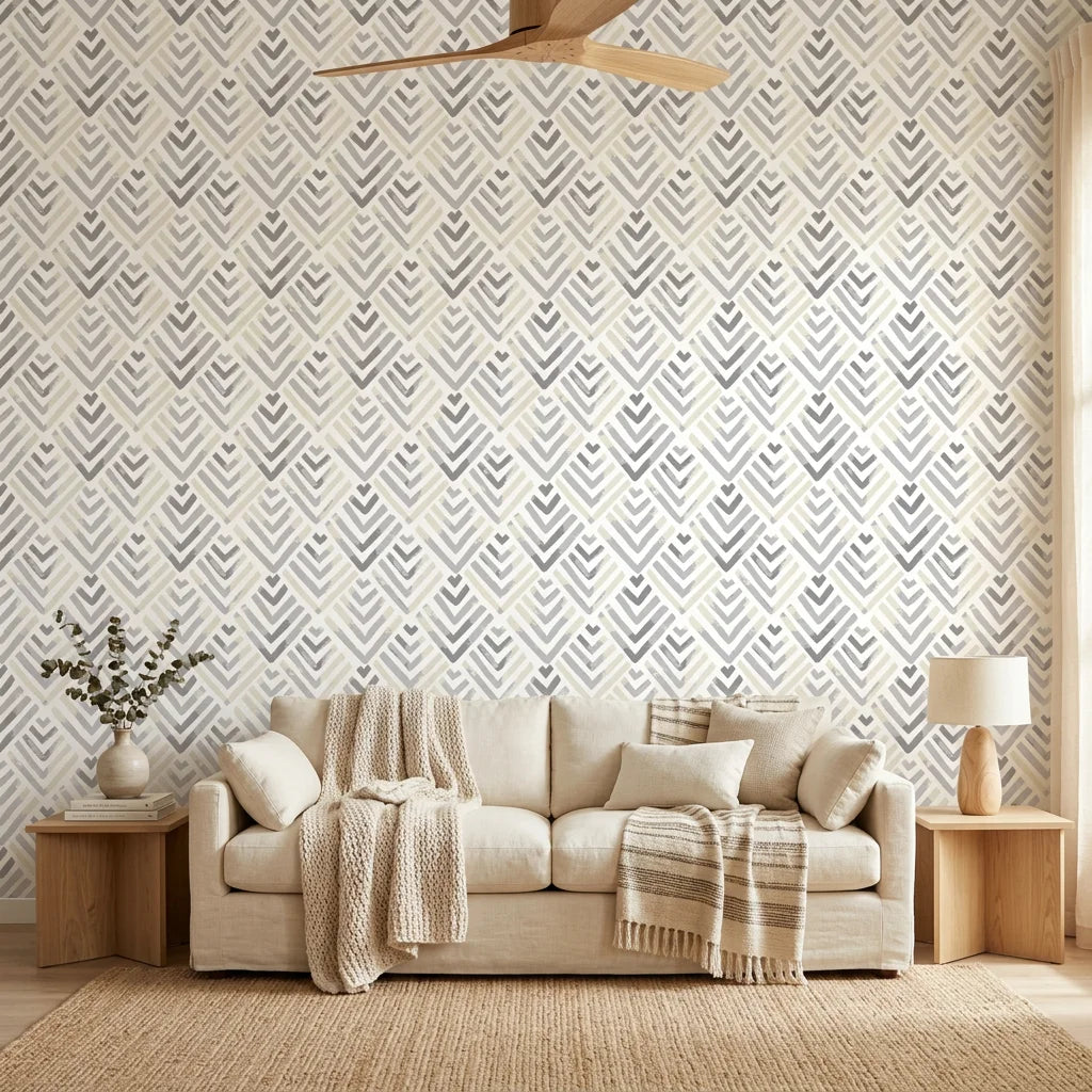 Grey Fret chevron wallpaper on living room accent wall with neutral sofa and textured decor