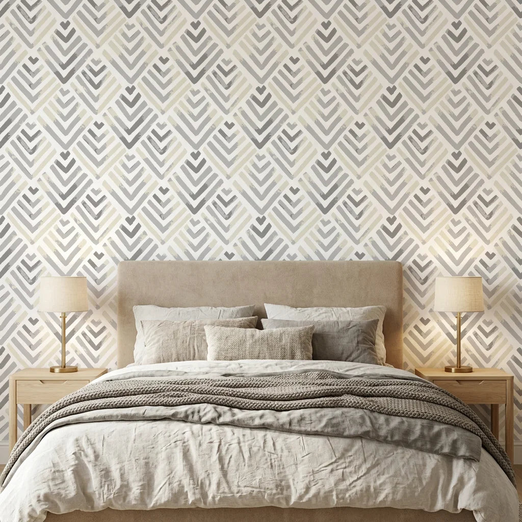 Grey and beige chevron Grey Fret peel and stick wallpaper in modern bedroom with neutral bedding