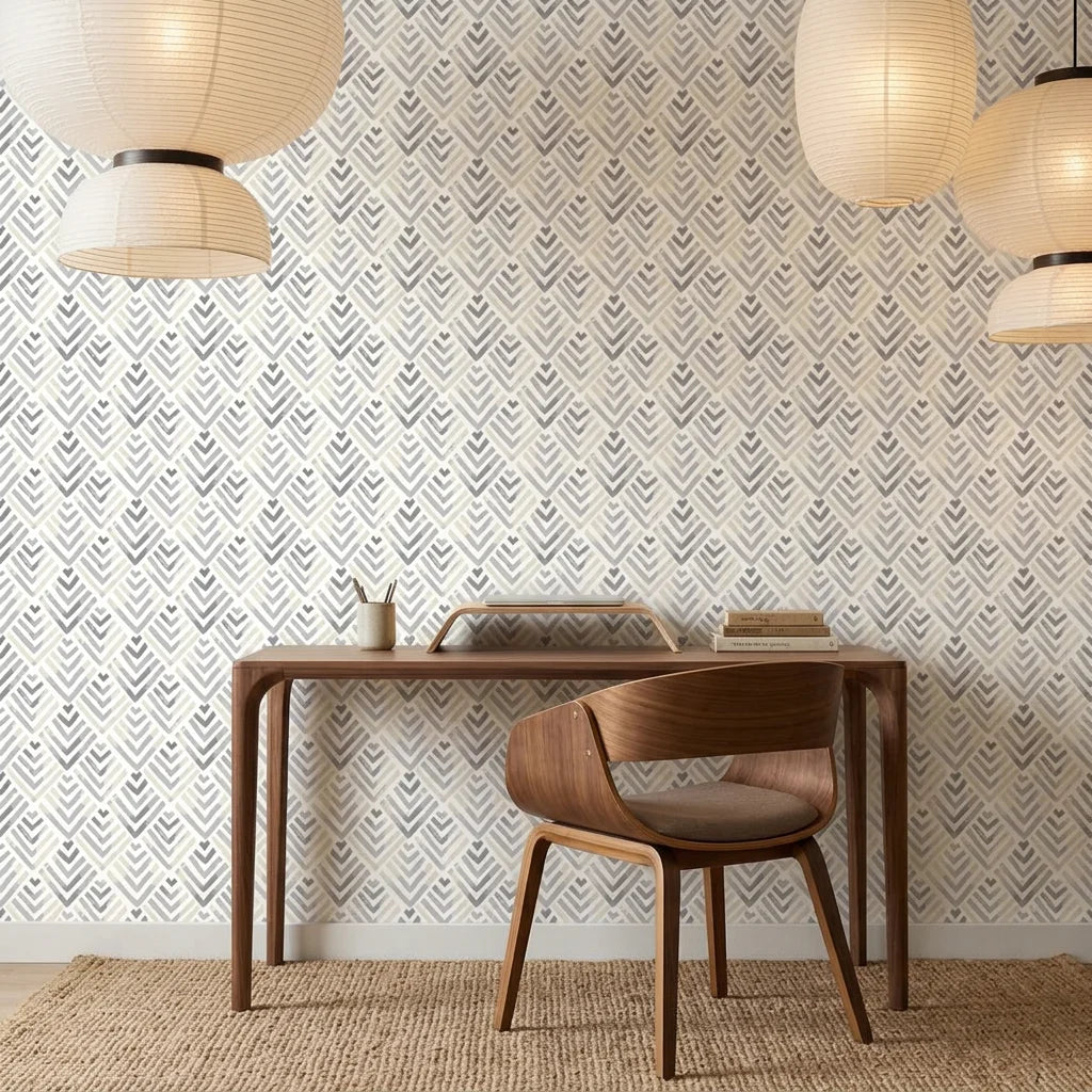 Grey Fret chevron wallpaper in modern home office with wood desk and pendant lights