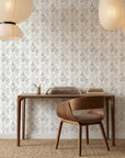 Grey Fret chevron wallpaper in modern home office with wood desk and pendant lights