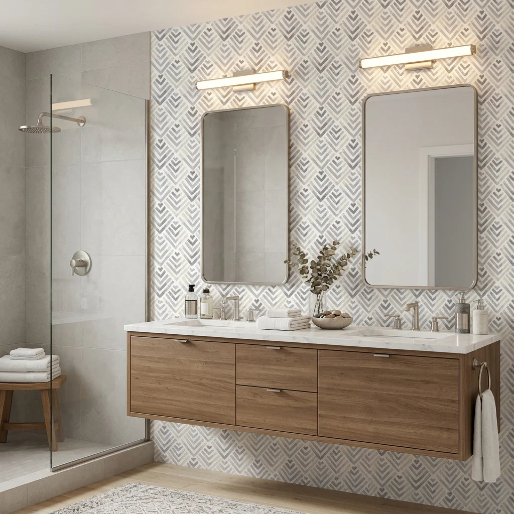 Gray and cream chevron Grey Fret peel and stick wallpaper in modern bathroom with dual vanity