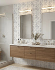 Gray and cream chevron Grey Fret peel and stick wallpaper in modern bathroom with dual vanity