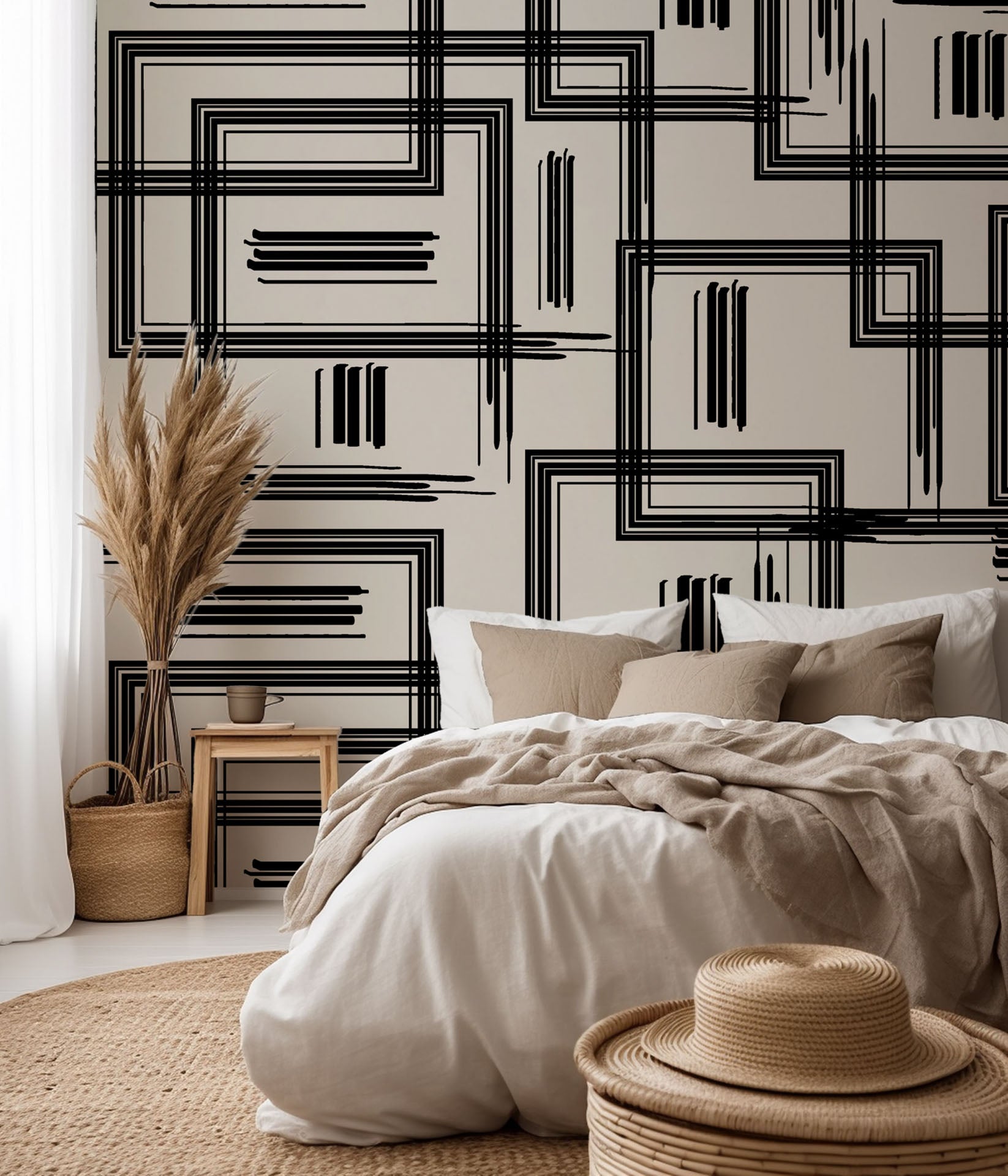 Beige and black sketched geometric grid peel and stick wallpaper - Gridded Scrawl