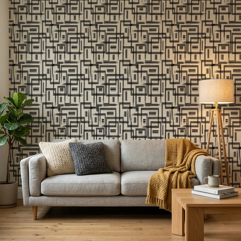 Gridded Scrawl black and beige abstract geometric square wallpaper in a warm and inviting living room