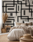 Beige and black sketched geometric grid peel and stick wallpaper - Gridded Scrawl