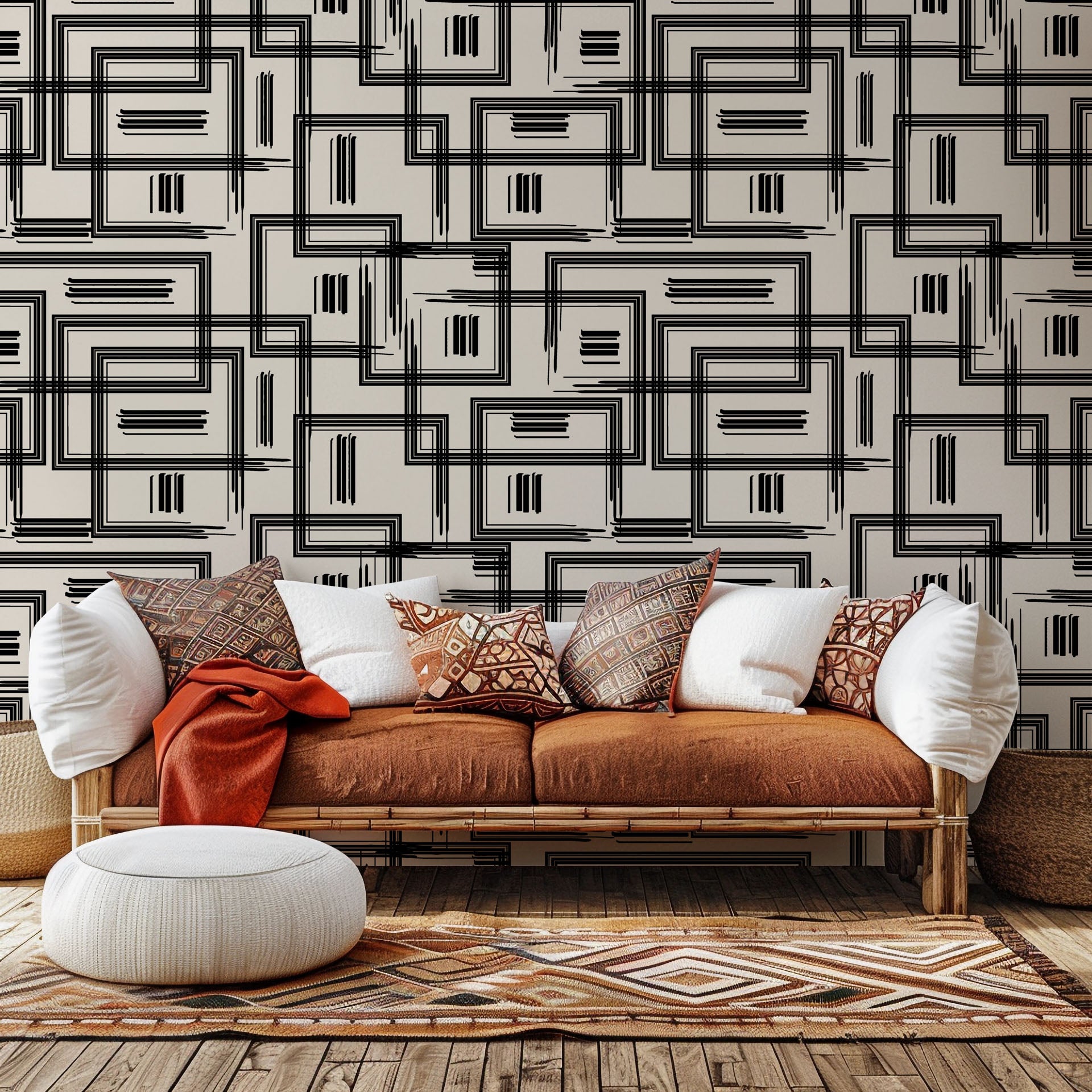 Self-adhesive, removable wallpaper featuring a loosely drawn geometric grid pattern in beige and black