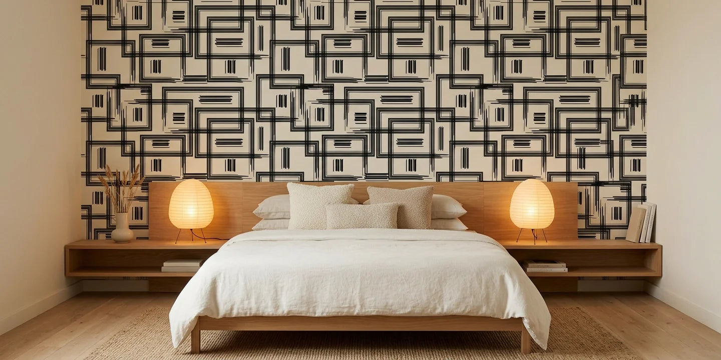 Gridded Scrawl black and beige abstract geometric square wallpaper adding character to a cozy bedroom