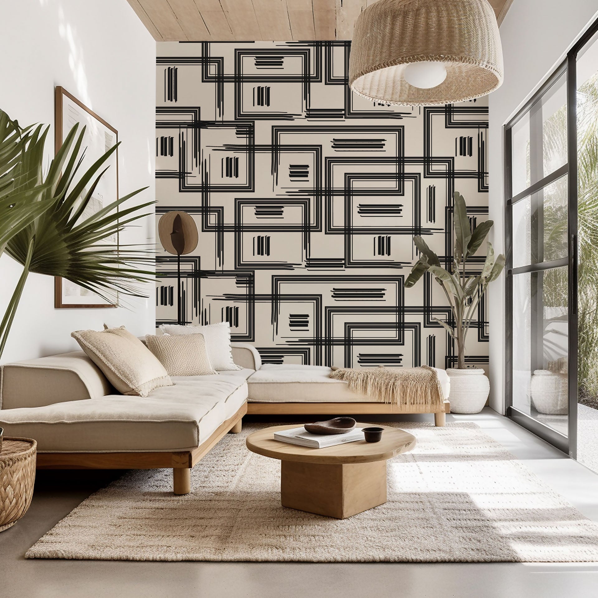 Self-adhesive wall covering featuring a beige and black hand-sketched geometric grid pattern (Gridded Scrawl style)