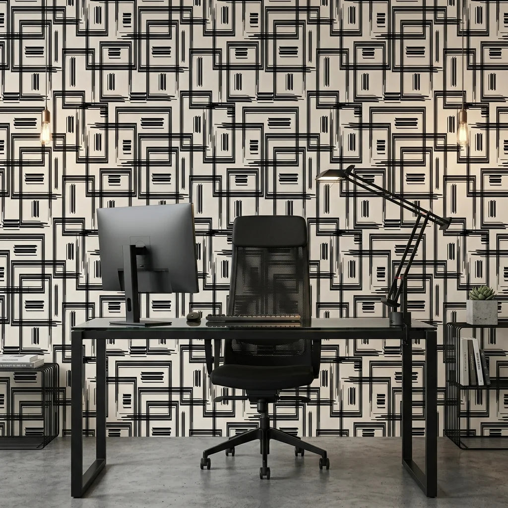 Gridded Scrawl black and beige abstract geometric square wallpaper as a feature wall in a bright home office