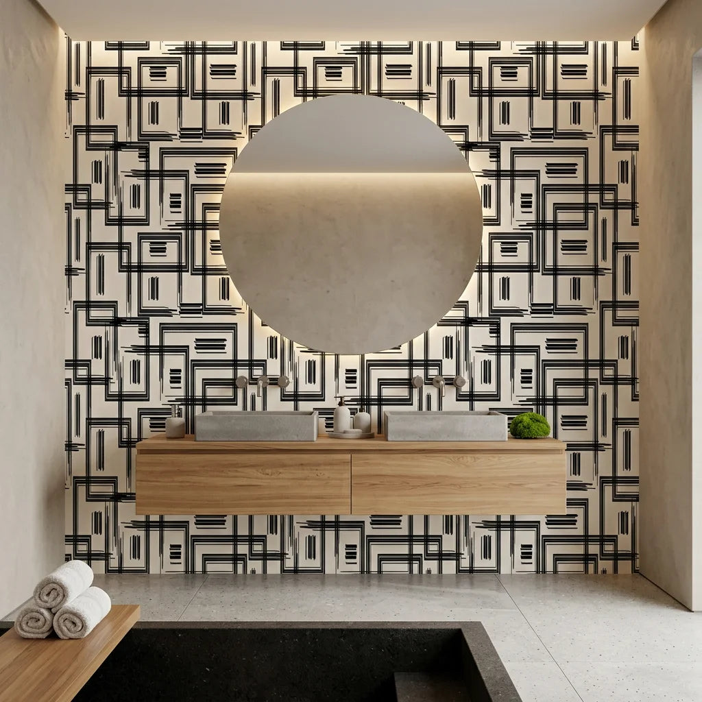Gridded Scrawl black and beige abstract geometric square wallpaper creating ambiance in a serene bathroom