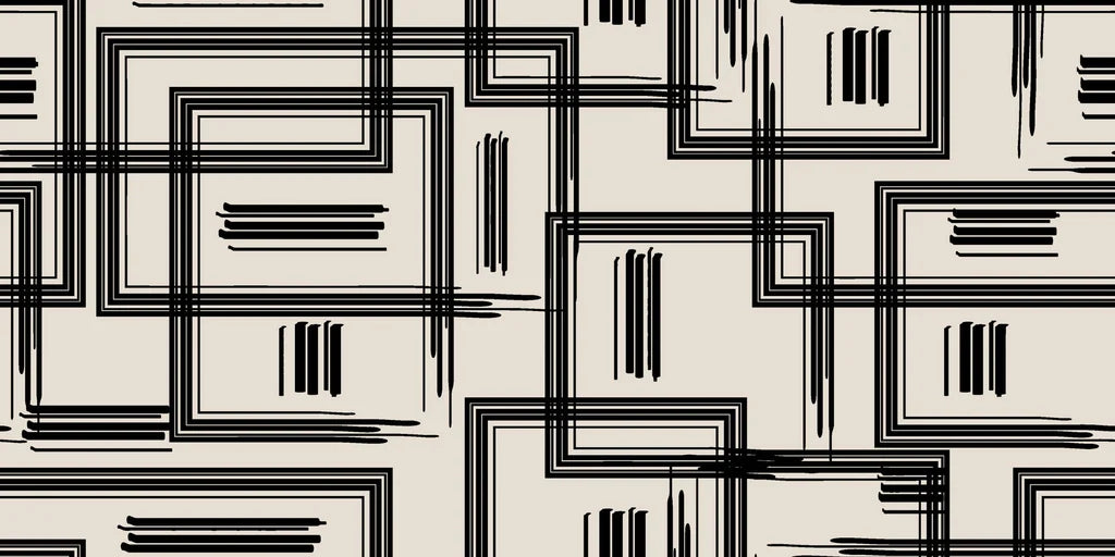 Self-adhesive wallpaper featuring a hand-drawn beige and black angular grid pattern