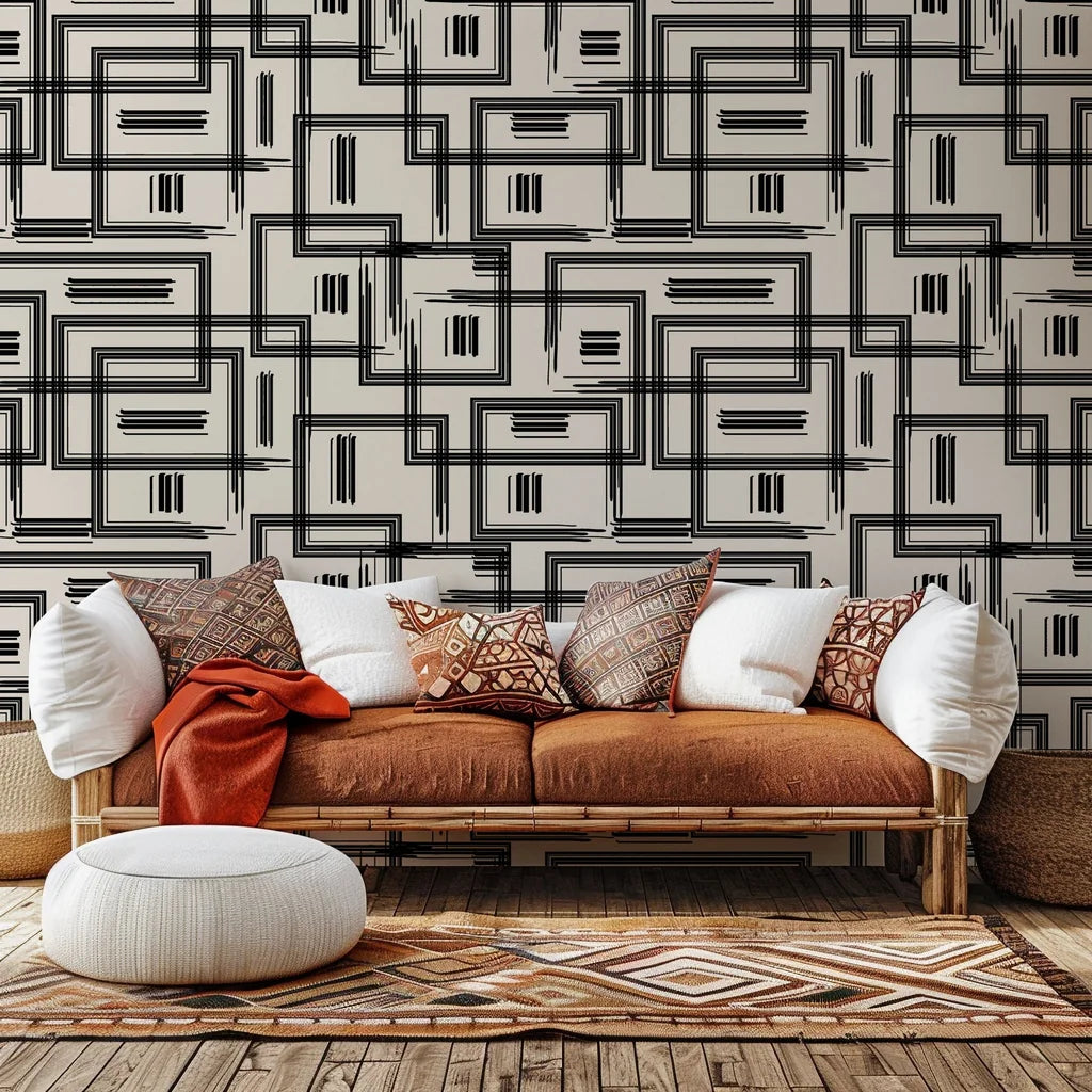 Self-adhesive, removable wallpaper featuring a loosely drawn geometric grid pattern in beige and black