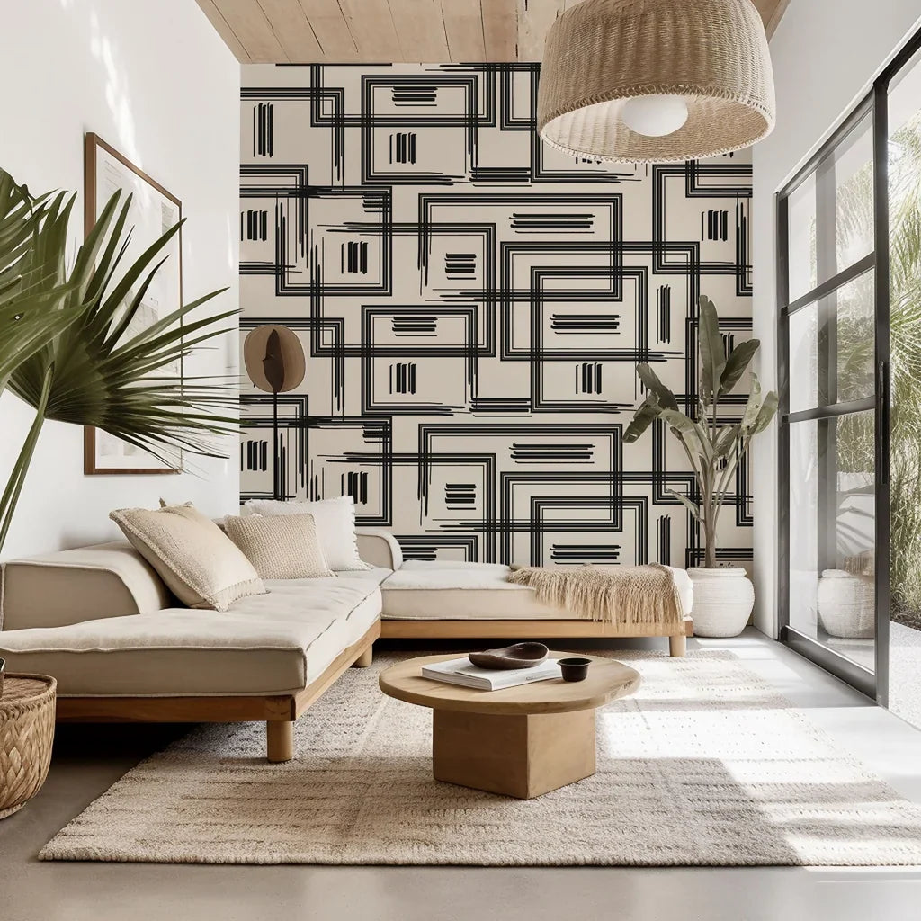 Self-adhesive wall covering featuring a beige and black hand-sketched geometric grid pattern (Gridded Scrawl style)