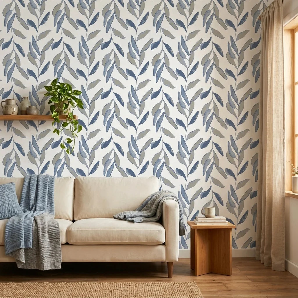 Hanging Garden blue botanical peel and stick wallpaper in a warm and inviting living room