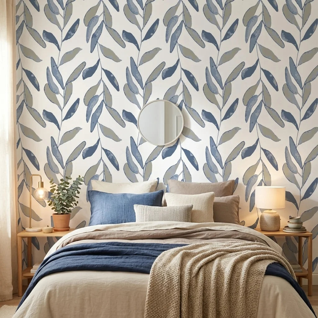 Hanging Garden blue botanical peel and stick wallpaper adding character to a cozy bedroom