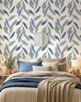 Hanging Garden blue botanical peel and stick wallpaper adding character to a cozy bedroom