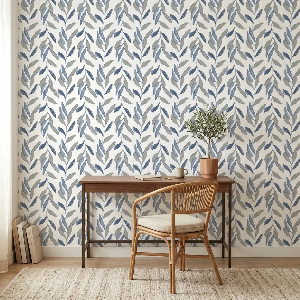 Hanging Garden blue botanical peel and stick wallpaper as a feature wall in a bright home office