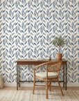 Hanging Garden blue botanical peel and stick wallpaper as a feature wall in a bright home office