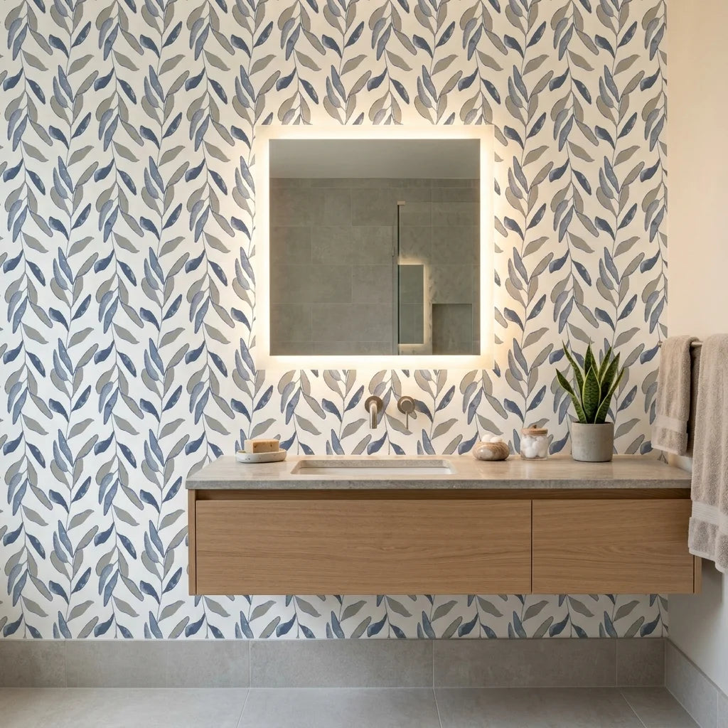 Hanging Garden blue botanical peel and stick wallpaper creating ambiance in a serene bathroom