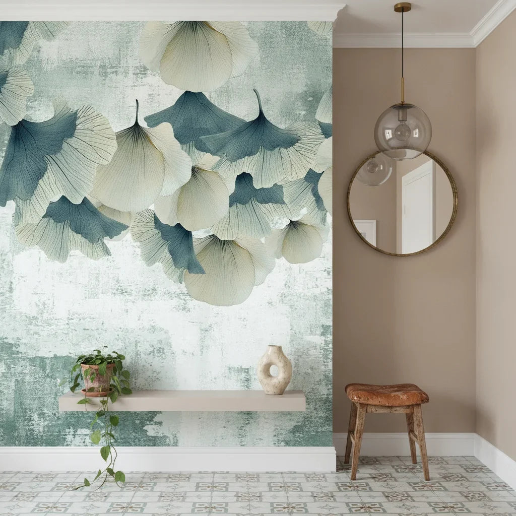 Hanging Petals elegant cream and slate botanical as a feature wall in a bright home office