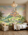 Whimsical fairytale castle mural wallpaper with pastel sky and rolling green landscape in children's bedroom