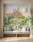 Pastel fairytale castle wallpaper mural in child's reading nook with girl and dog on garden path