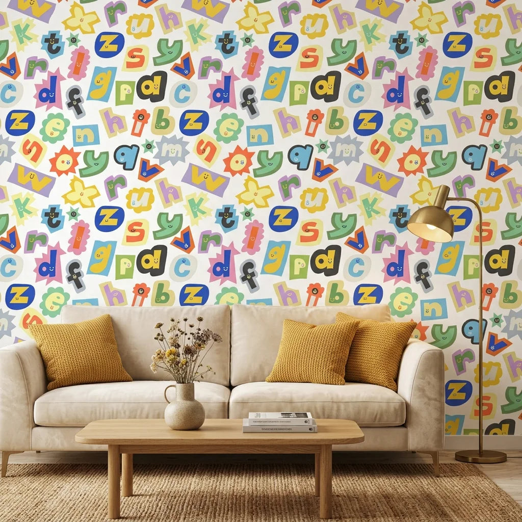 Happy Chaos colorful cutout alphabet letter wallpaper in a warm and inviting living room