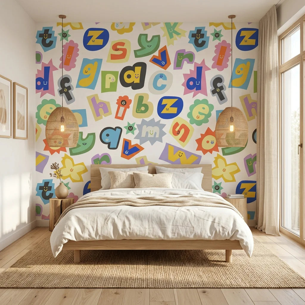 Happy Chaos colorful cutout alphabet letter wallpaper adding character to a cozy bedroom