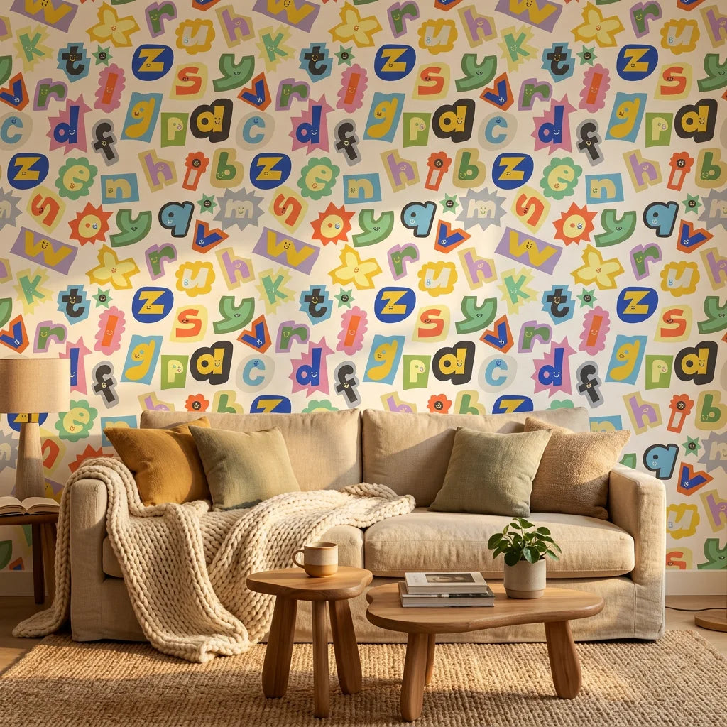 Happy Chaos colorful cutout alphabet letter wallpaper as a feature wall in a bright home office