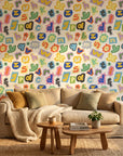 Happy Chaos colorful cutout alphabet letter wallpaper as a feature wall in a bright home office