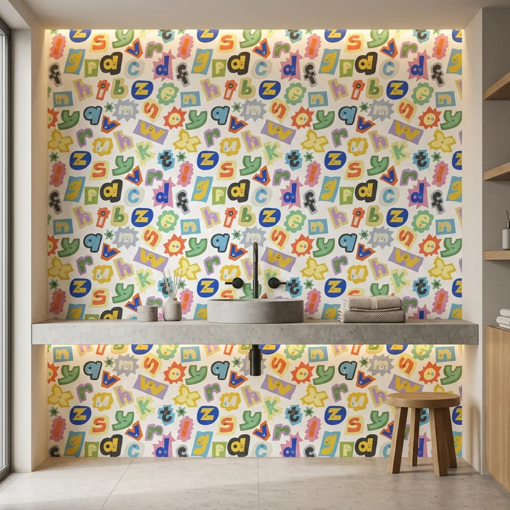 Happy Chaos colorful cutout alphabet letter wallpaper creating ambiance in a serene bathroom