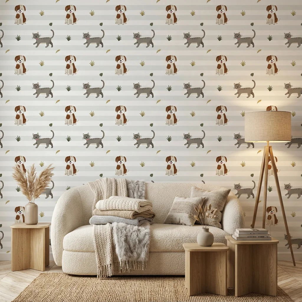 Happy Stroll white striped dog and cat wallpaper in a warm and inviting living room
