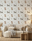 Happy Stroll white striped dog and cat wallpaper in a warm and inviting living room