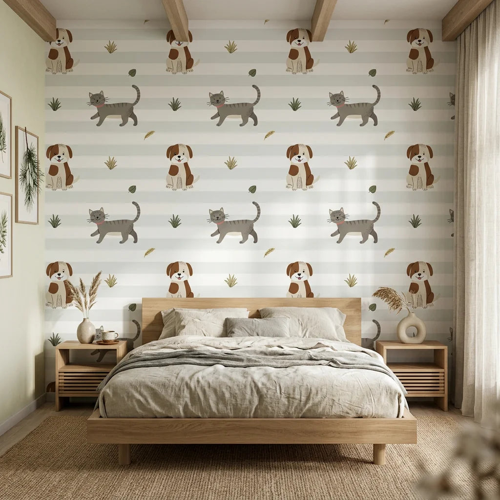 Happy Stroll white striped dog and cat wallpaper adding character to a cozy bedroom