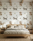Happy Stroll white striped dog and cat wallpaper adding character to a cozy bedroom