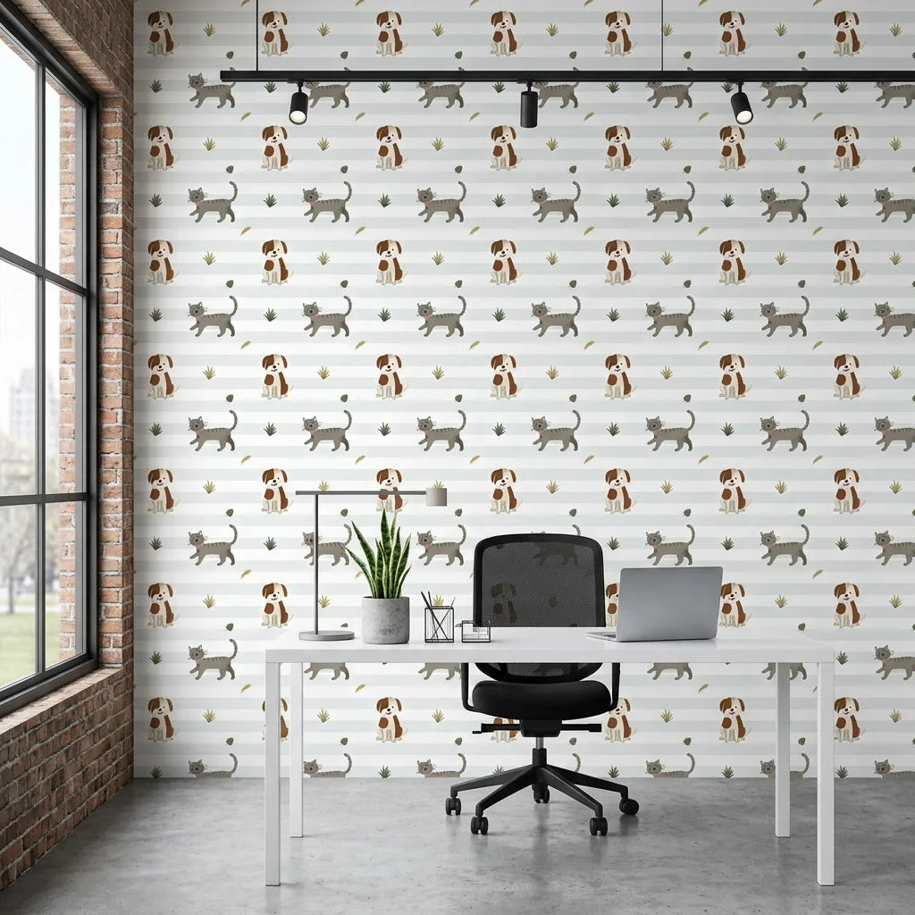 Happy Stroll white striped dog and cat wallpaper as a feature wall in a bright home office