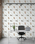 Happy Stroll white striped dog and cat wallpaper as a feature wall in a bright home office