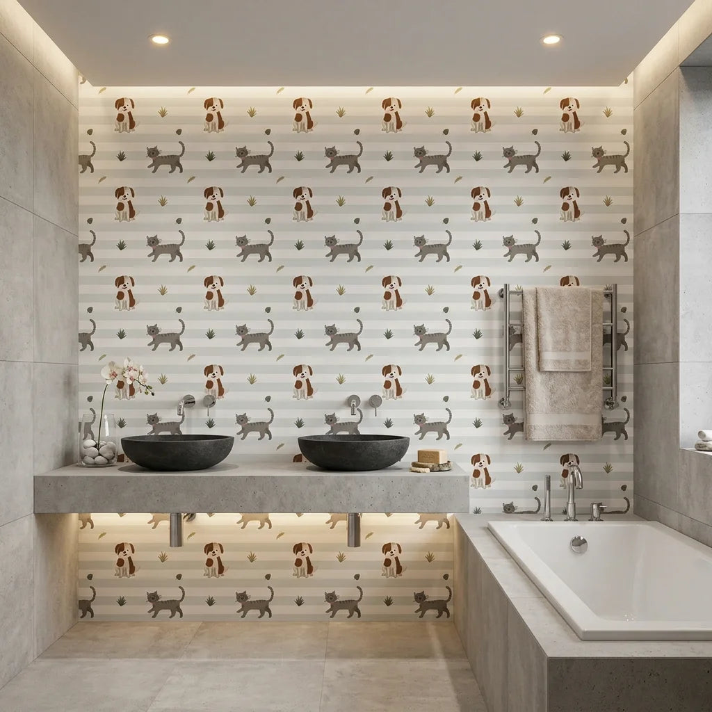 Happy Stroll white striped dog and cat wallpaper creating ambiance in a serene bathroom