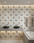 Happy Stroll white striped dog and cat wallpaper creating ambiance in a serene bathroom