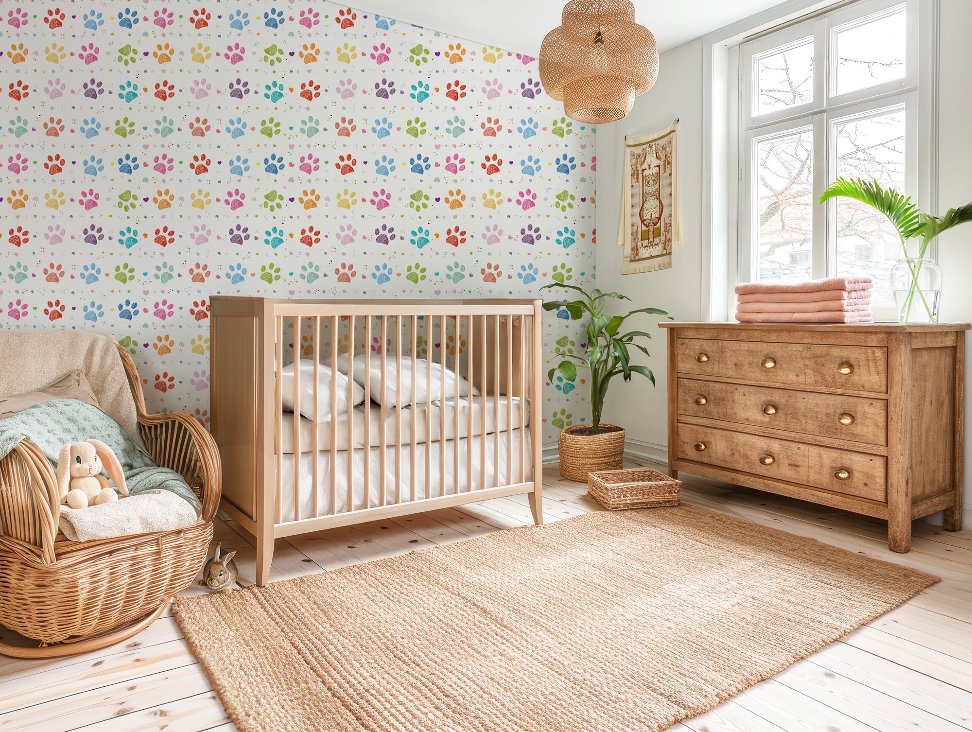 Wall covering depicting brightly colored tracks, creating a joyful motif