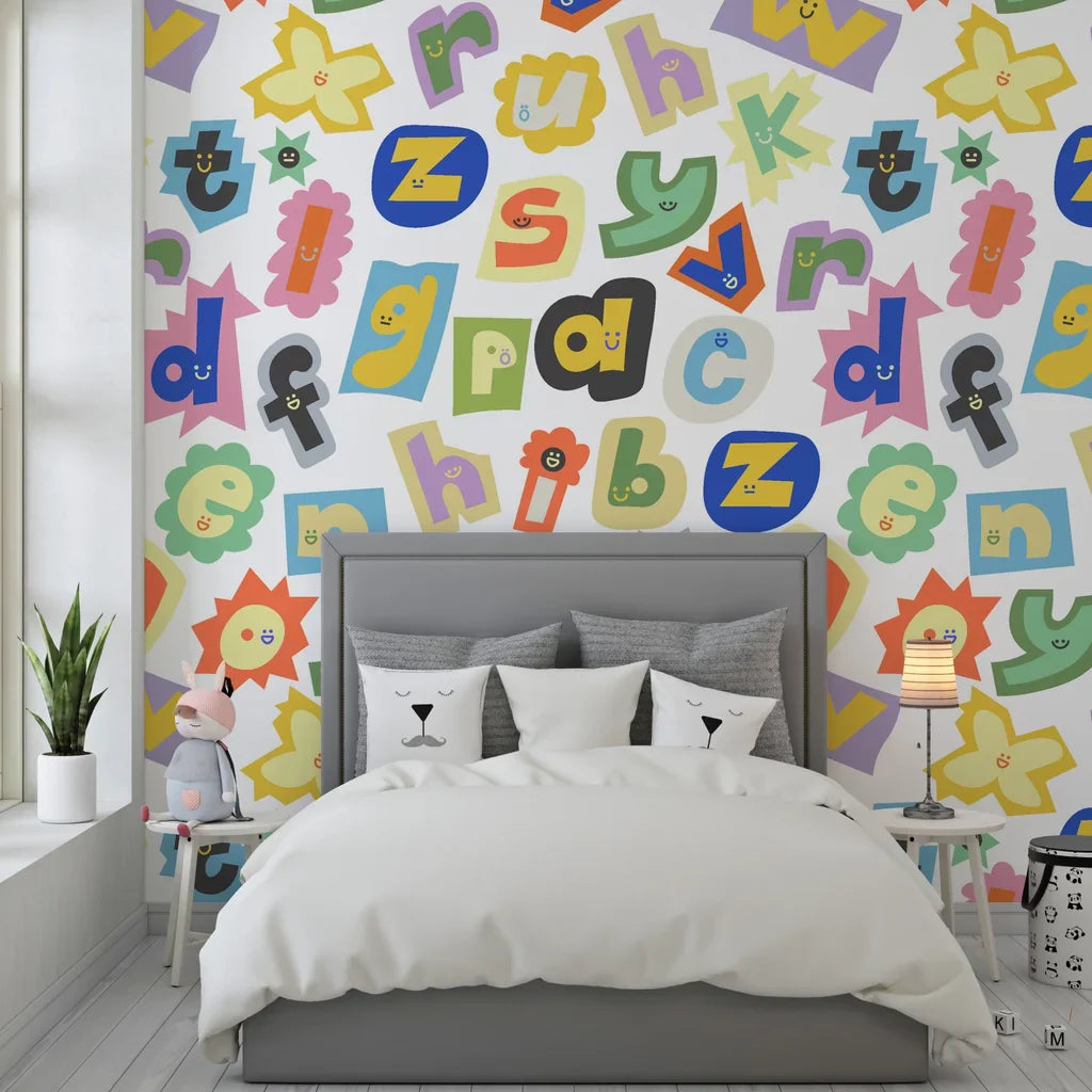 Vibrant ransom-style typography mural featuring mismatched magazine clippings and adhesive backing - Happy Chaos