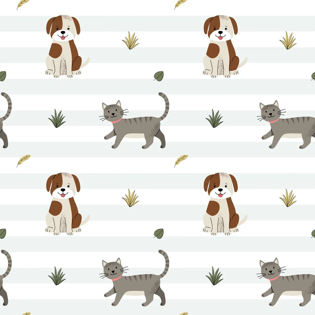 Cute dog and cat stripe nursery peel and stick wallpaper - Happy Stroll