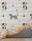 Charming pet-themed peel and stick wallpaper featuring cats and dogs with linear patterns - Happy Stroll